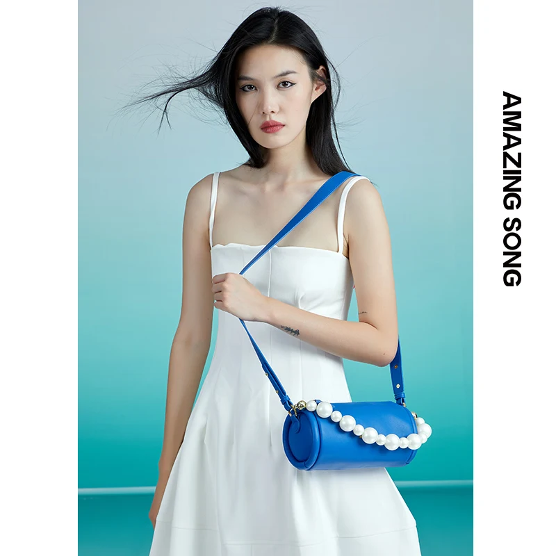 

Amazing Song Pearl Egg Roll Bag Genuine Leather Female Crossbody Bag Niche Waist Drum One-shoulder Messenger Leather Handbag