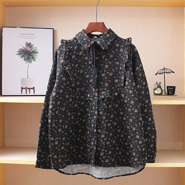 

Japan Style Mori Girl Cotton Lacing Turndown collar Floral Shirt Literary Retro Women Long Sleeve Blouse
