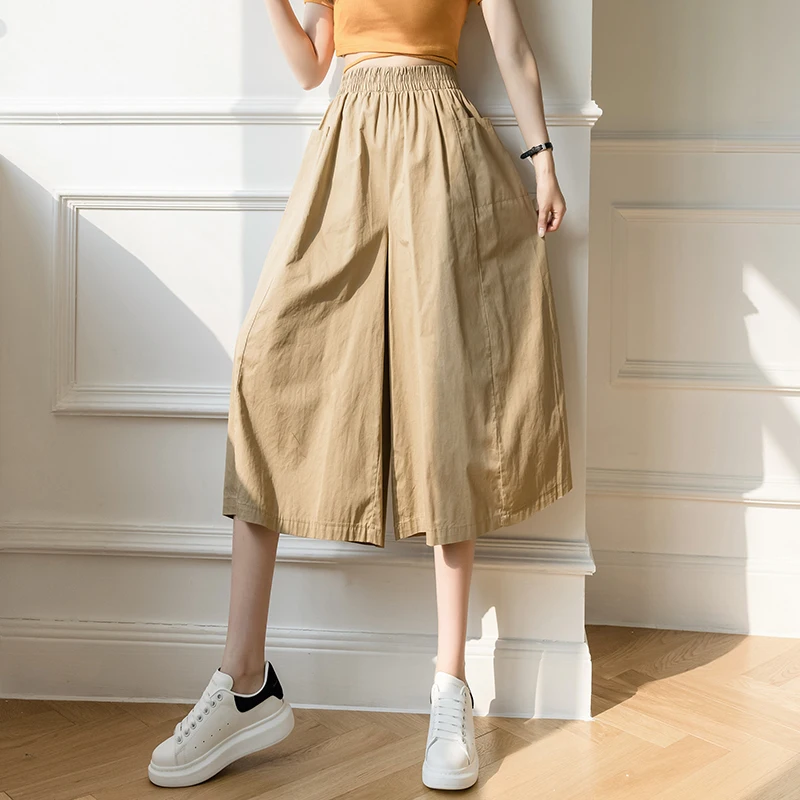 

Black Elastic Waist Wide-Leg Pants Women's Summer 2021 New High-Waist Solid Color Women's Pants Drape Hakama Casual Culottes