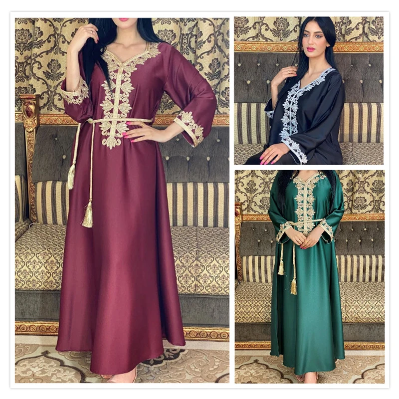 Женское платье с вышивкой Abaya в мусульманском стиле, элегантное платье с бронзовым кружевом в стиле ретро, классическое модное темпераментн...