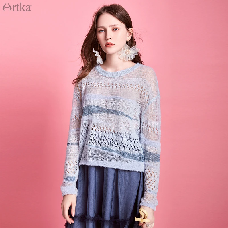 ARTKA 2020 Spring New Women Knitwear Fashion Loose Long Sleeve Thin Wool Sweater Hollow Out Pullover Mohair YB20100C | Женская одежда