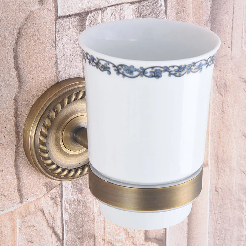 

Настенный античный латунный держатель для зубных щеток в ванную комнату, набор аксессуаров для ванной комнаты, одна керамическая чашка mba266