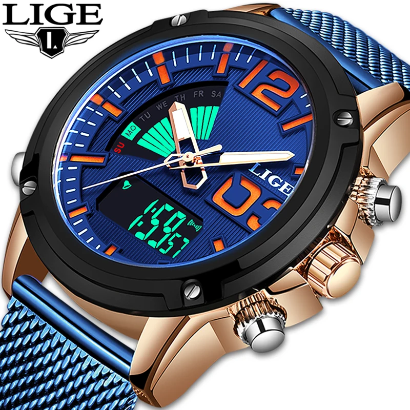 2019 LIGE аналоговые цифровые мужские часы Топ люксовый бренд из нержавеющей стали
