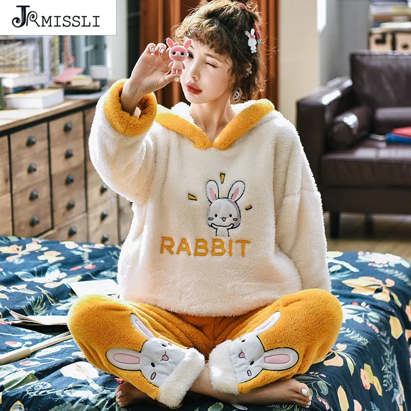 JRMISSLI/Зимний пижамный комплект, женская пижама из 2 предметов, фланелевая теплая меховая женская ночная рубашка с капюшоном и животными