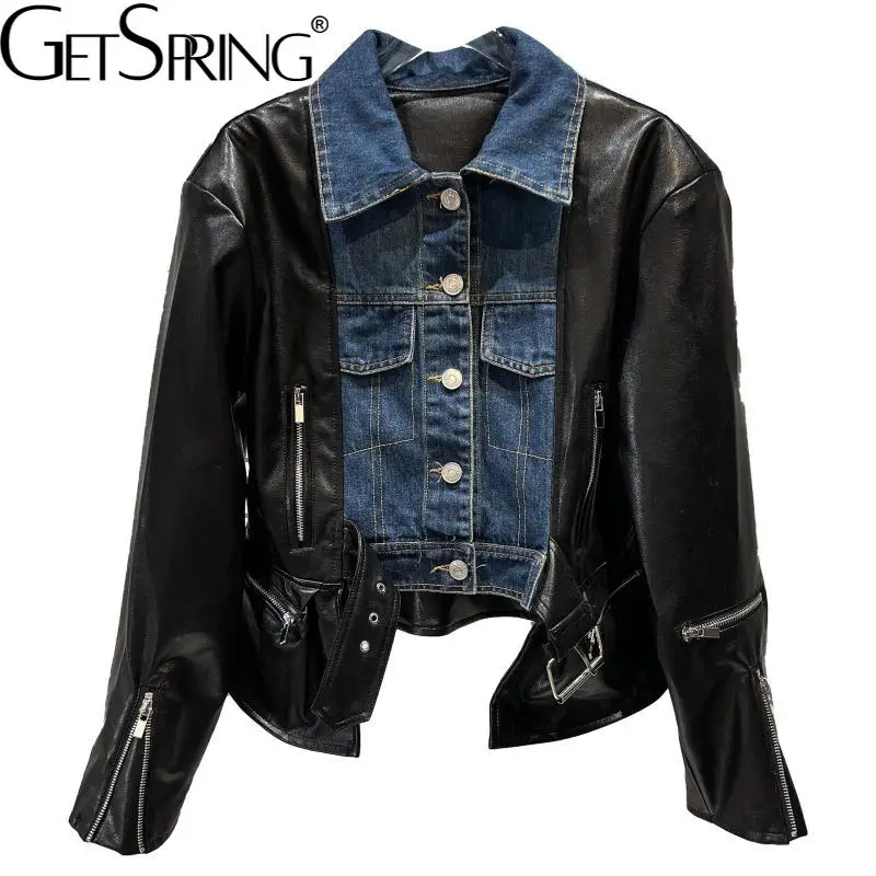 

GetSpring Женская куртка из искусственной кожи джинсовая сшитая на молнии мотоциклетная кожаная куртка в стиле панк Модные Винтажные Универсал...