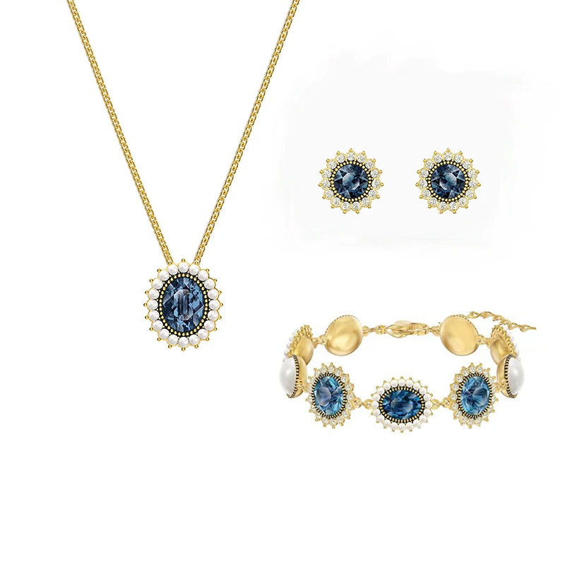 

Fashion Jewelry SWA Original Elements Golden Retro Style Oval Blue Crystal Pearl Necklace Earrings Bracelet Ladies Jewelry Set