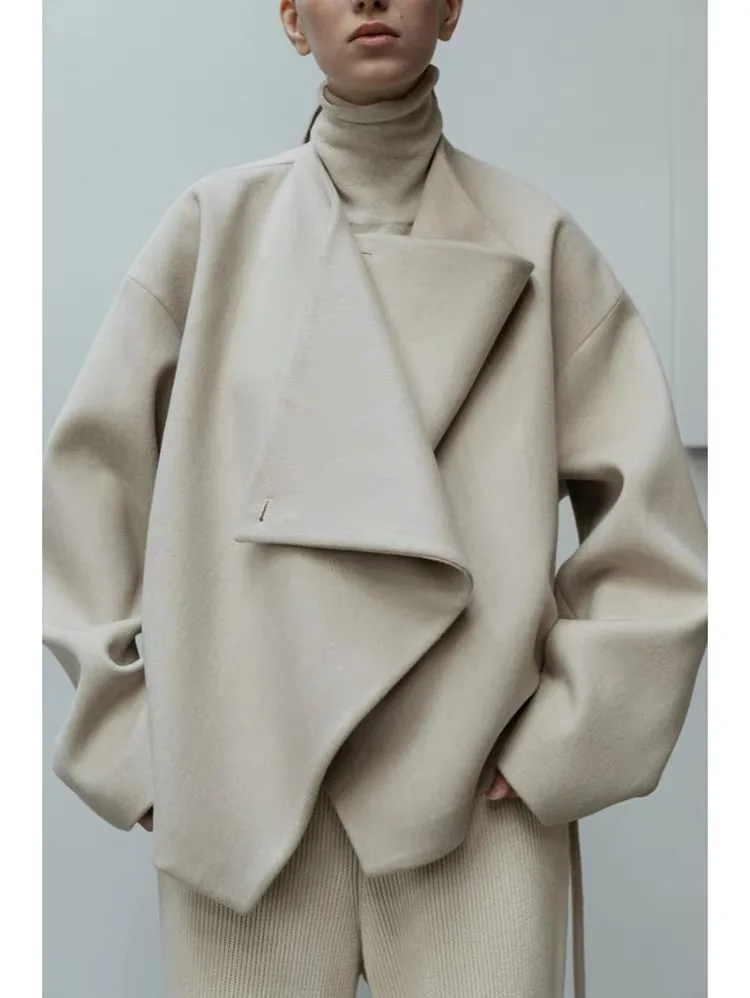 

LE* women winter Wool coat short Cardigan button V-neck Belts ties arc si-shaped oversize Silhouette Belted Jacket