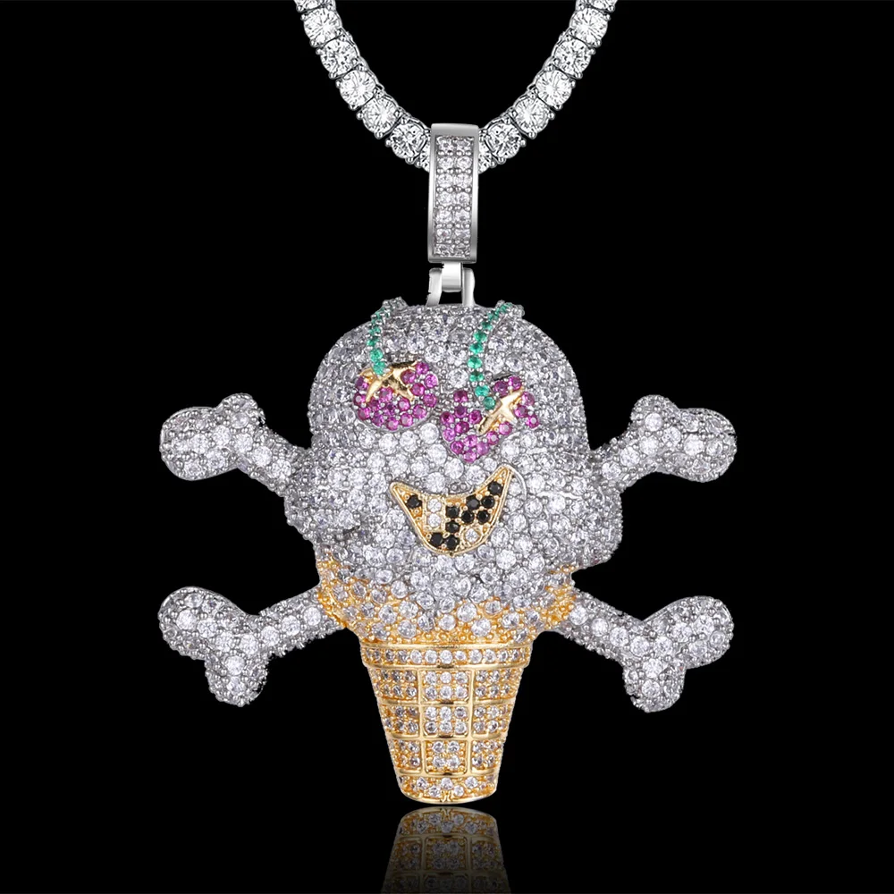 

100% Micro Zircon Hip Hop Pirate Ice Cream Skull Pendant Necklace For Men Jewelry Wholesale Iced Out Necklaces Party