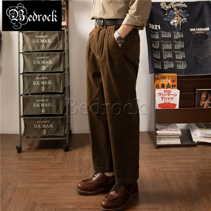 RT vintage double pleated corduroy trousers wide leg pants commuter French cargo pants men's overalls brown casual trousers