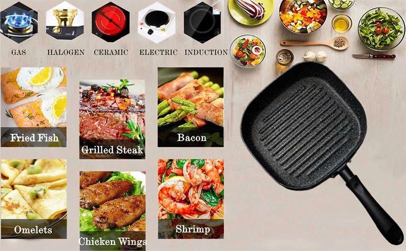 MyLifeUNIT Aluminum Non-stick Square Grill Pan Steak Fry Pans Multi-purpose Snowflake Striped No fumes Frying Pan 9-inch