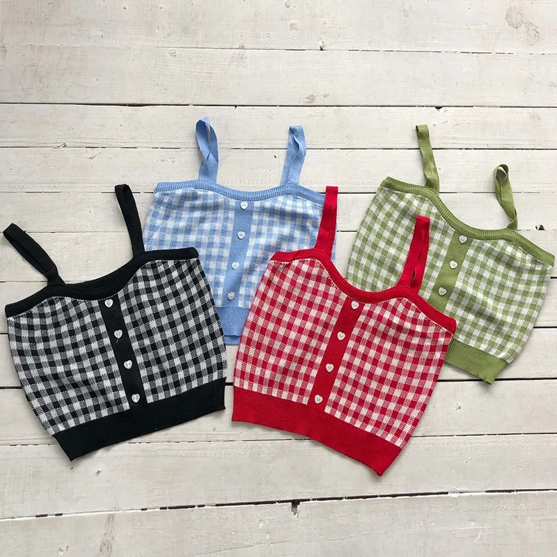 

Sexy Vest Retro Camisole Sweet Women's Bottoming Crop Tops Plaid Pattern Slim Knitted Black/Green/Blue/Red Camis 4 Color