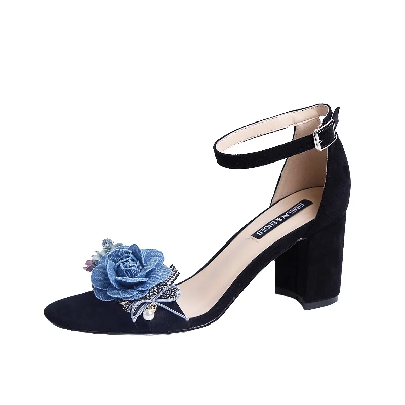 Босоножки женские замшевые элегантные модные туфли на толстом и низком каблуке