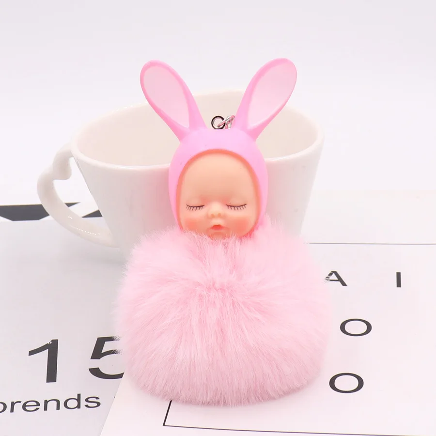 Cartoon Cute Rabbit ears Baby Doll Keychain Flower Pompom Fur Ball Key Chain Fluffy Car Keyring porte clef Bag Ring | Украшения и