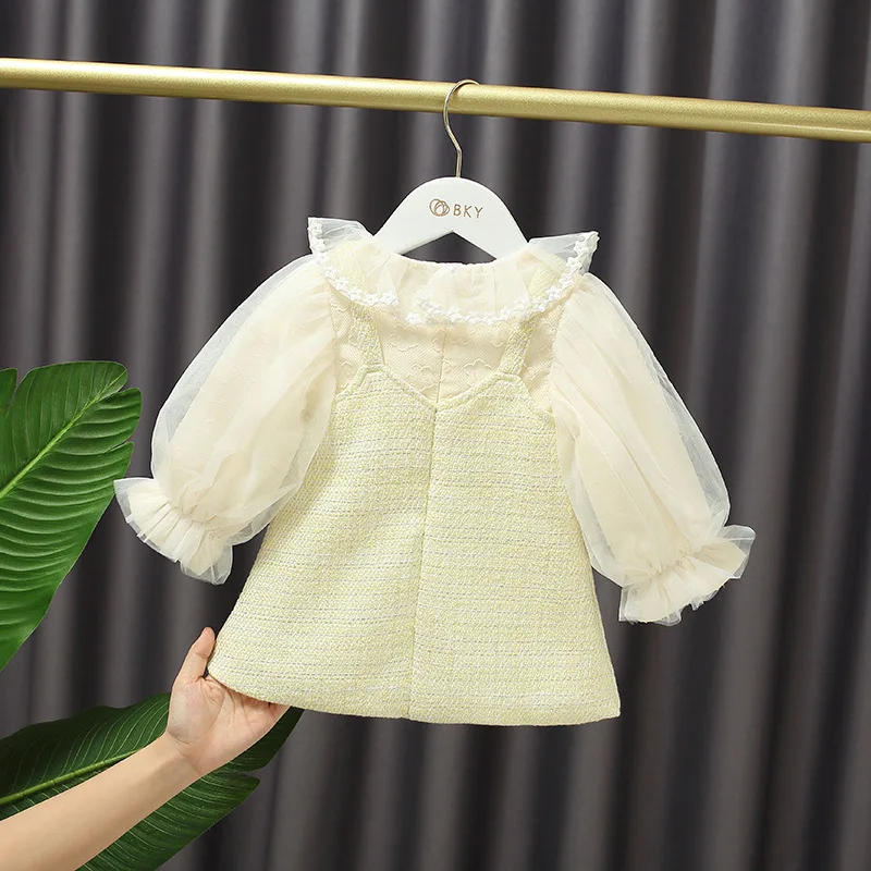 Autumn Baby Girl's Sweet Mesh Long Sleeve Dress Ruffled Collar Bow Immortal A-line Princess Dress Kids