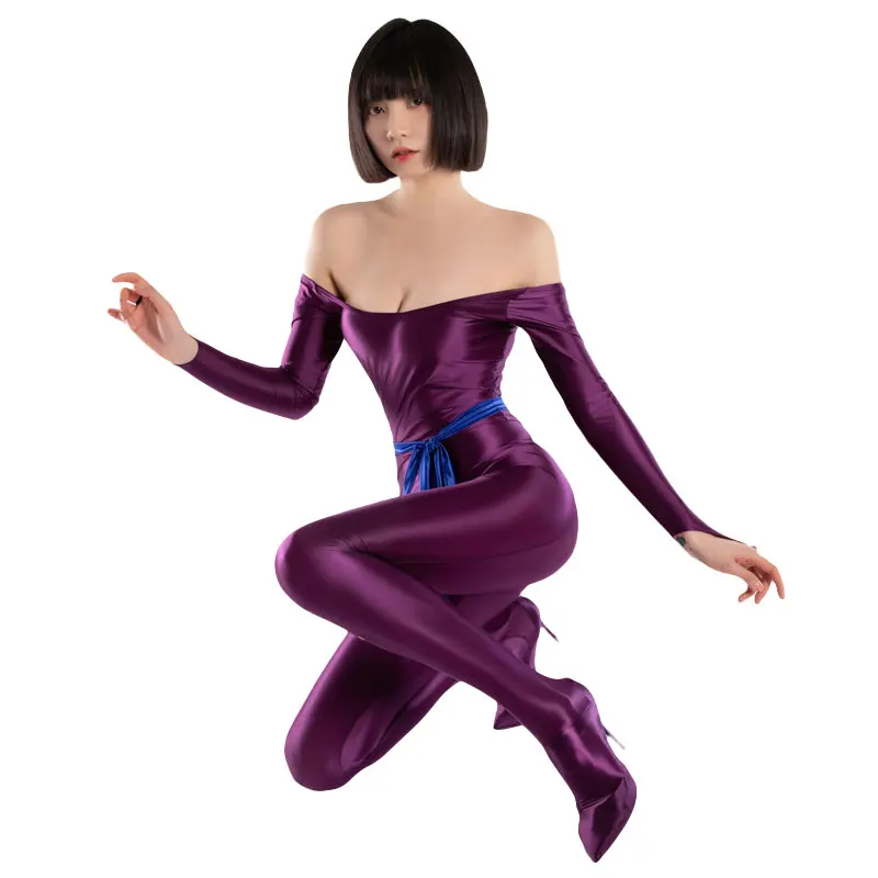 

Sexy Women Full Body Bodysuit Cosplay Clubwear Slash Neck Smooth Pants Oil Gloosy Sexy Tight Shaping Candy Color F70