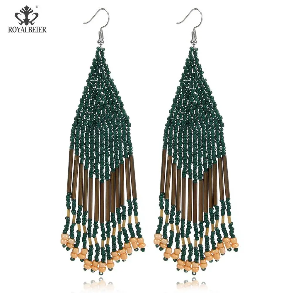 Bohemian earrings7 ROYALBEIER богемные длинные кисточки акриловые перо форма бисера Кулон Серьги Свадебная вечеринка очаровательные ювелирные изделия серьги - Окраска металла: Bohemian earrings7