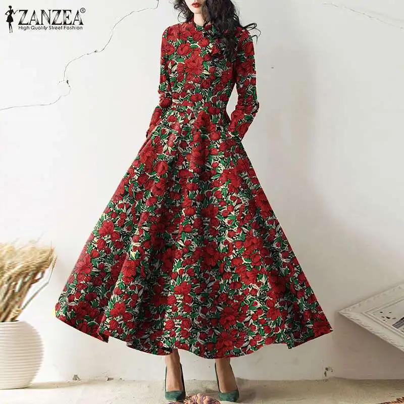 

Autumn Party Swing Dress ZANZEA French Elegant A Line Vestidos 2022 Fashion Floral Printed Robe Longue Women Vintage Maxi Kaftan