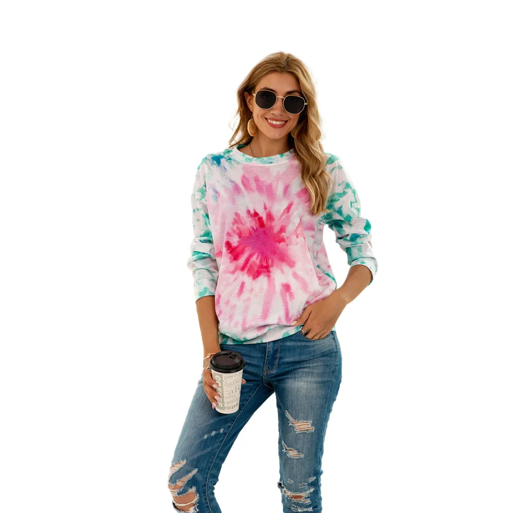 Тай-дай печати с капюшоном для женщин длинным рукавом Новая мода 2021 весенние