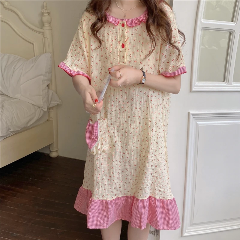 

summer cherry print cotton women nightgowns peter pan collar short sleeve crepe cotton homewear dress summer sleepwear Y679