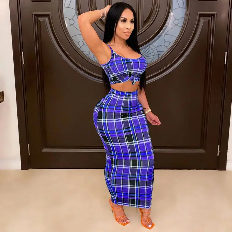 

Trendy Plaid Two Piece Set Sleeveless backless Crop Top maxi Skirt Vacation Outfit Woman Clothes Matching Dress Sets