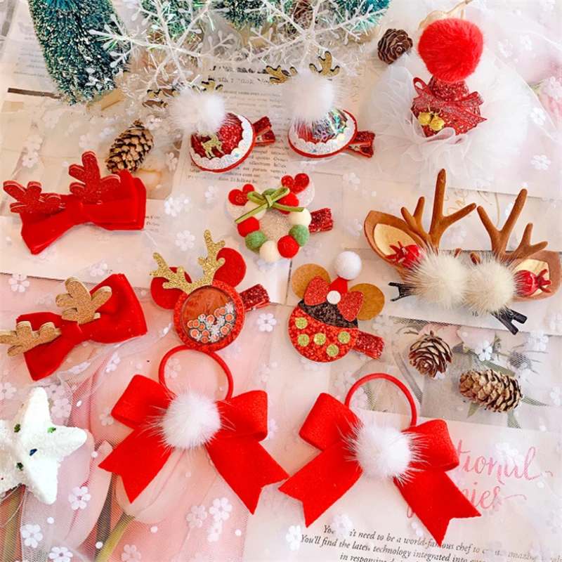 

12pcs/Lot Children Cute Christmas Cartoon Antlers Hairball Hair Clips Sweet Hair Ornament Headband Hairpin Girls Hair Accessorie