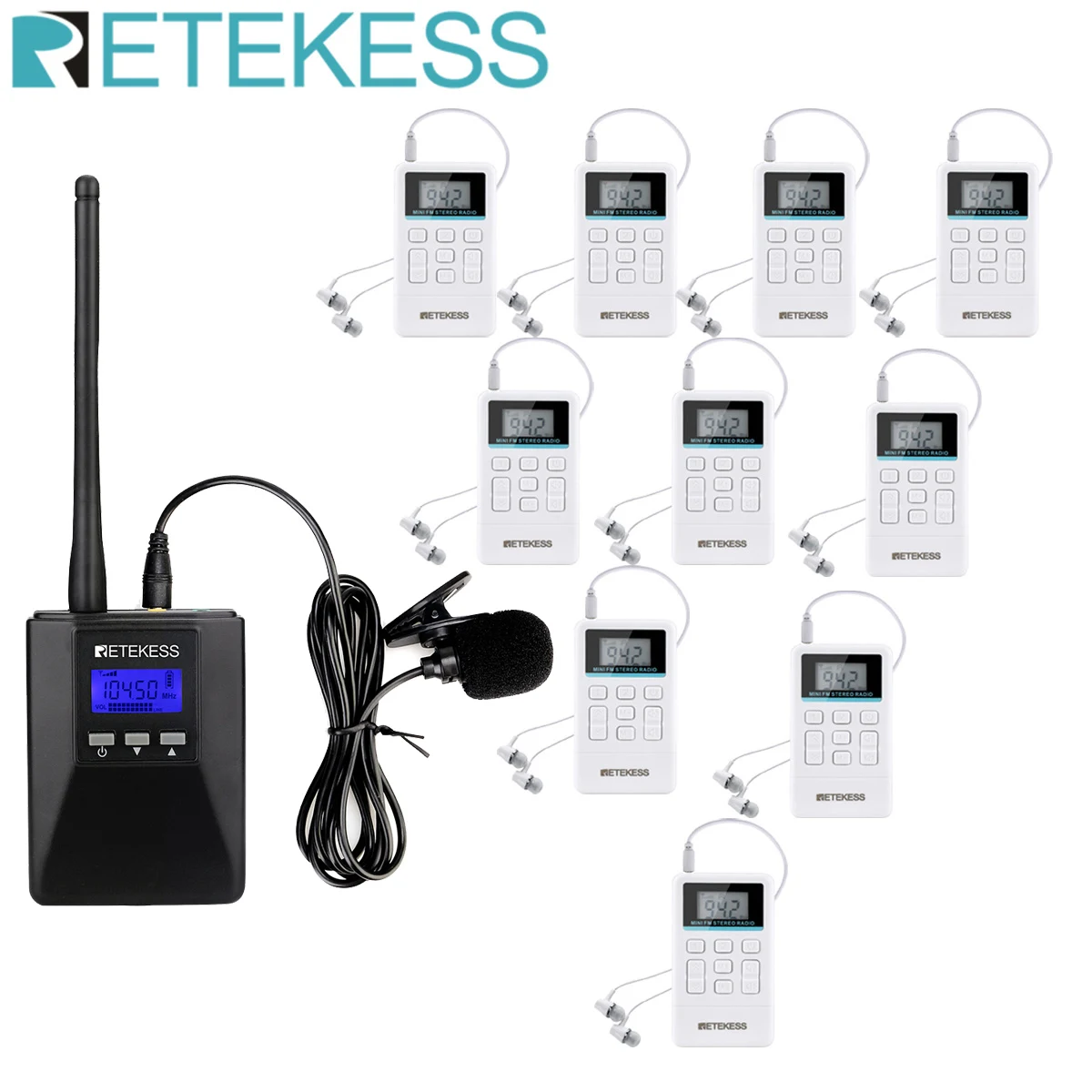 Retekess TR506 FM Transmitter+10Pcs TR612 FM Receiver Wireless Tour Guide System for Guiding Meeting Simultaneous Interpretation