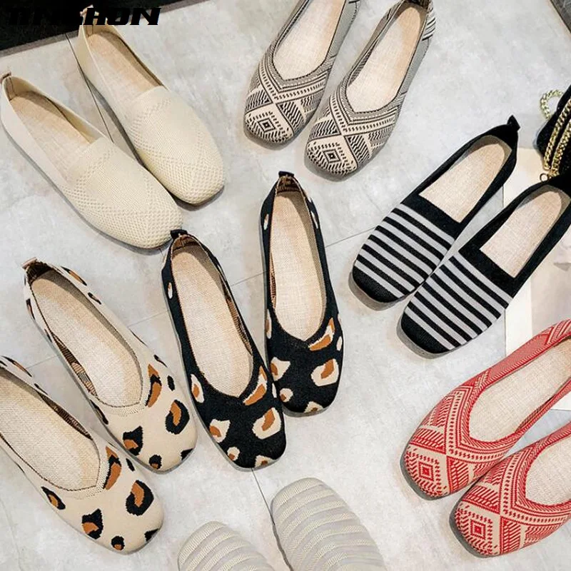 Туфли TINGHON женские на плоской подошве вязаные без застежки квадратный носок