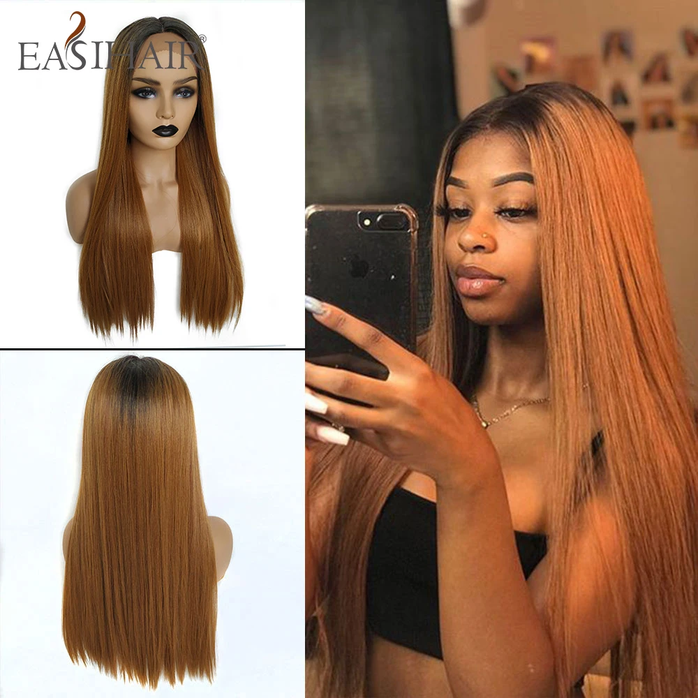 EASIHAIR длинные шелковистые прямые коричневые светлые кружевные передние парики с детскими волосами высокая плотность термостойкие синтетические парики для женщин - Цвет: hc11016-4n27