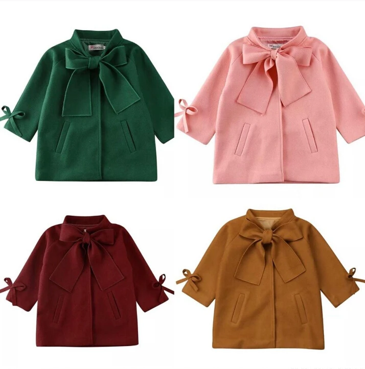 Autumn Winter Toddler Kids Baby Girls Warm Wool Bowknot Coat Overcoat Outwear Jacket Parka Brown Top | Детская одежда и обувь