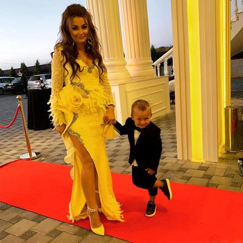 

Yellow Lace Prom Dresses One Shoulder Long Sleeve vestido de fiesta Feather Evening Gowns Bead High Split Pageant Dress Crystals