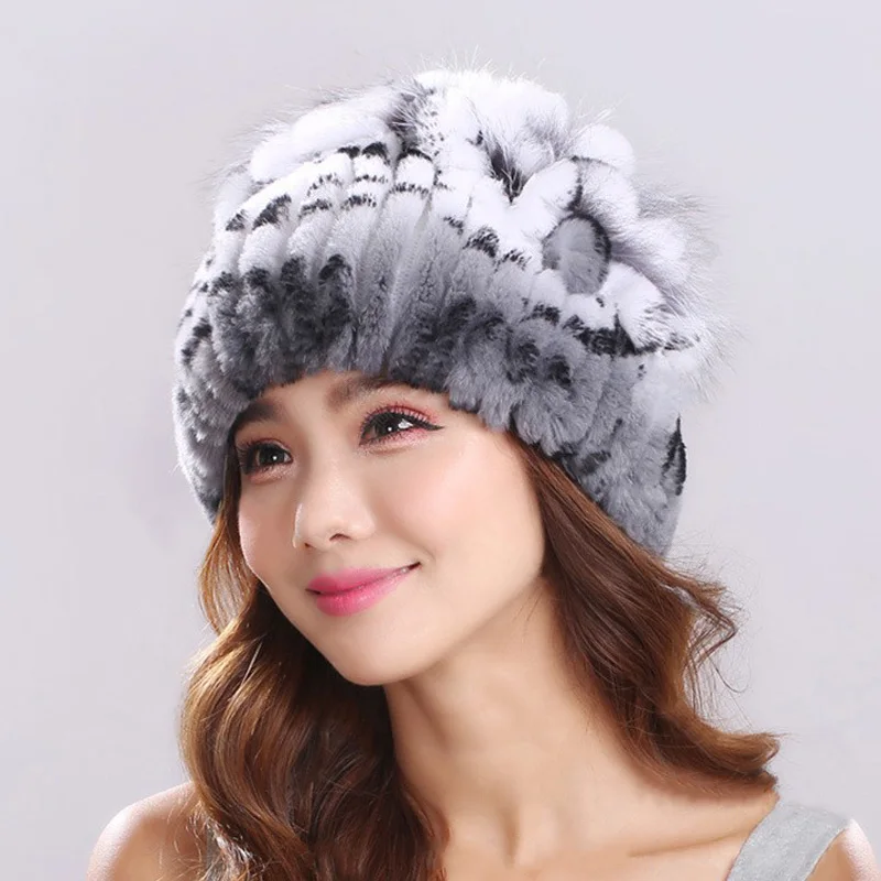 

ETHEL ANDERSON 100% Real Rex Rabbit Fur Hat For Women Natural Silver Fox Fur Flower Style Hats Winter Thick Beanies Bomber Caps