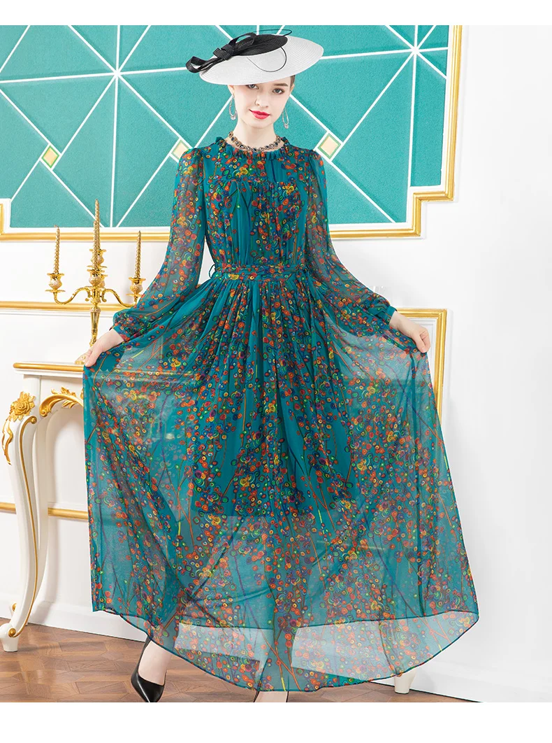 

2020 Chiffon Bohemian Long Dress Green Long Sleeve Dresses for Women Party Printed Ankle-Length Women Runway Dress DZ2533