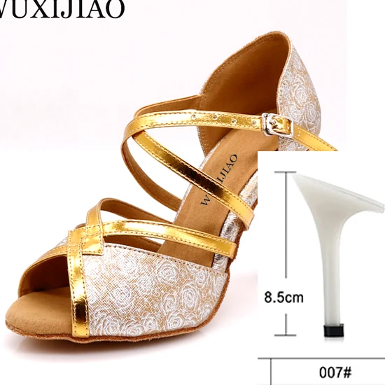 Gold heel 8.5cm WUXIJIAO розовый узор PU материал черные золотые латинские женские туфли для танцев сальса танцевальные вечерние со стразами Бальные Танцевальные Туфли 9 см - Цвет: Gold heel 8.5cm