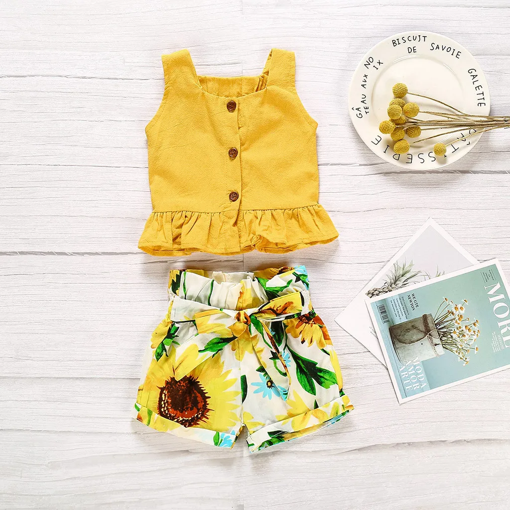 Фото 2020 летние пляжные комплекты для маленьких девочек желтый жилет футболки + шорты с