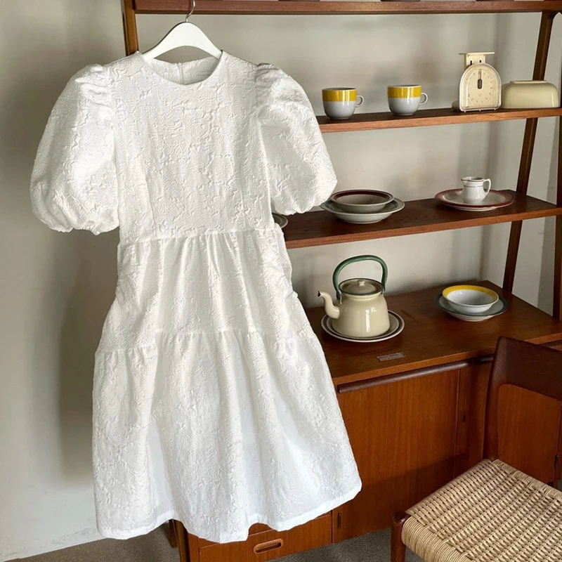 

Jacquard Pleated Summer Dress Office Lady Korean Puff Sleeve Party Dress High Waist Long Dress Loose Pockets Elegant 2021