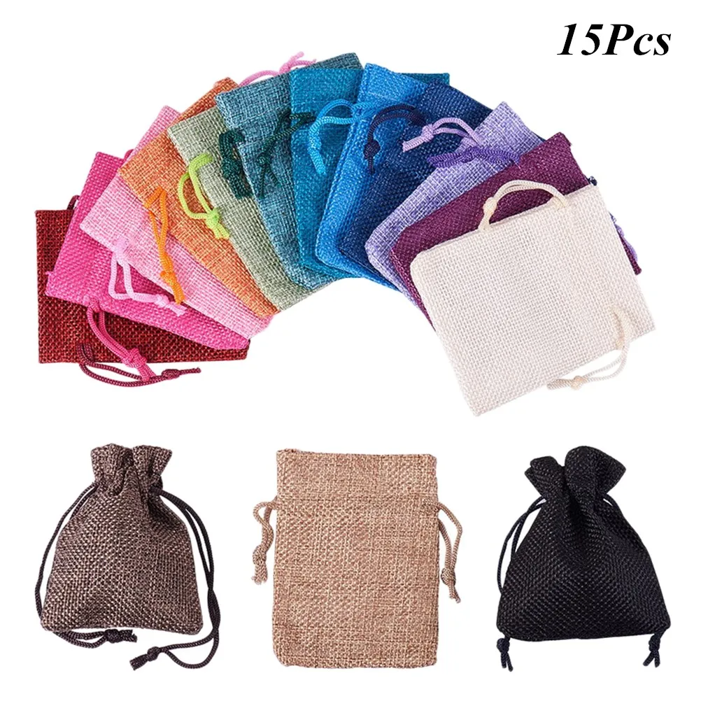 15 шт льняные джутовые подарочные сумки с кулиской мешки для свадьбы дня рождения
