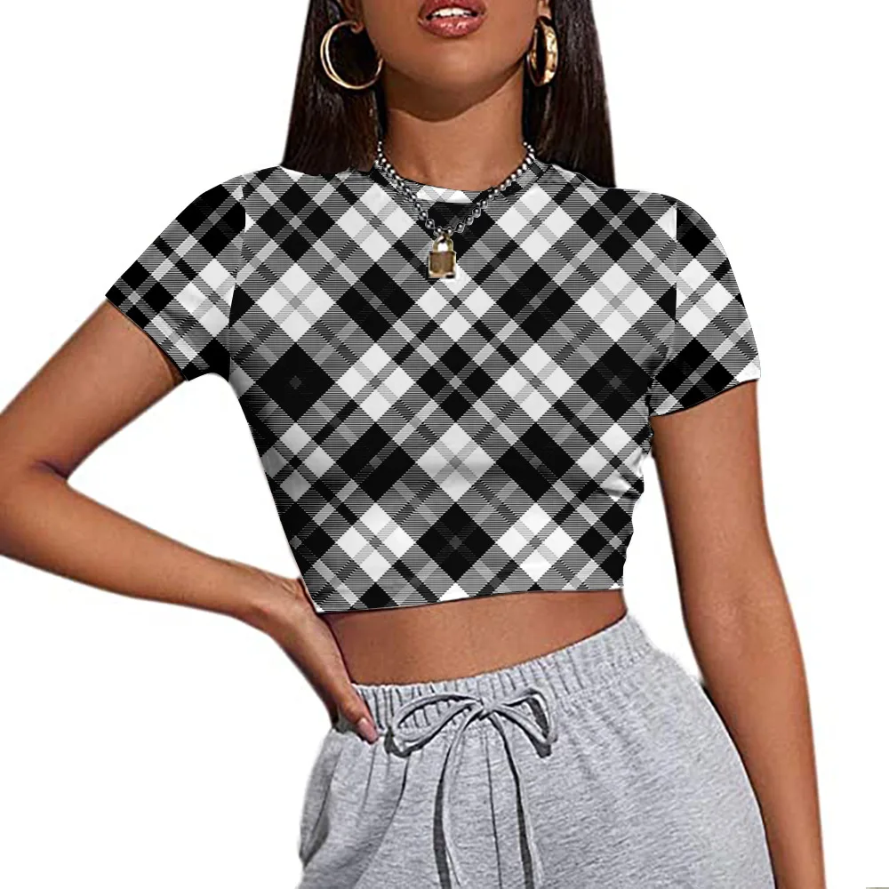 

Cross-border new women's plaid printed short-sleeved T-shirt