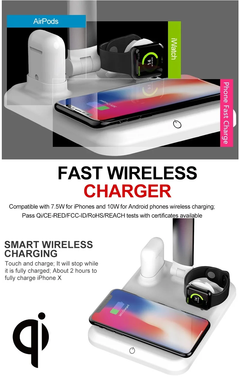 

2021 4 in 1 Qi Wireless Charger Lamp for iPhone 11 Pro Wireless Charging 48 PCS LEDs Eye-Protect Table Lamp LED Table Desk Lamp