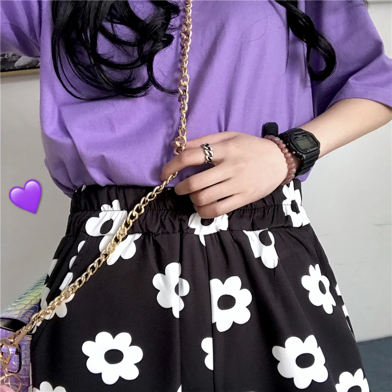 Корейские женские прямые брюки с завышенной талией и цветочным принтом ромашки В