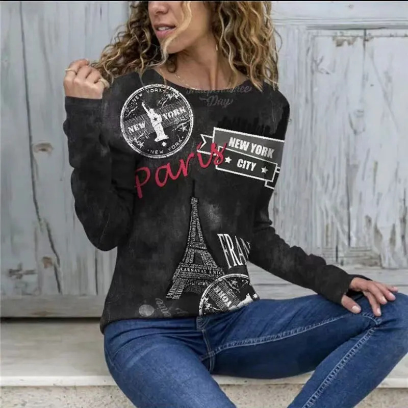 

Spring Long Sleeve Letter Print Casual T-shirt Round Neck Solid Color Women T-shirt Plus Size Pullovers Loose Tops Autumn