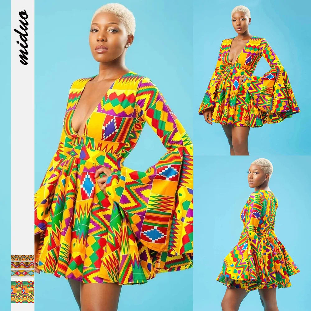 

Africa Southeast Asia Style Digital Print Sexy Deep V-Neck Female Horn Long Sleeve Fashion One-Piece Skirt