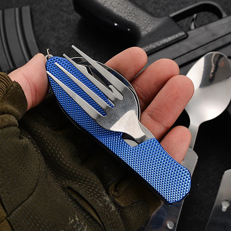 

Tablespoon Set 4 In 1 Foldable Spoon Knife fork bottle opener Stainless Steel Folding Pocket Kits Outdoor Tableware Set
