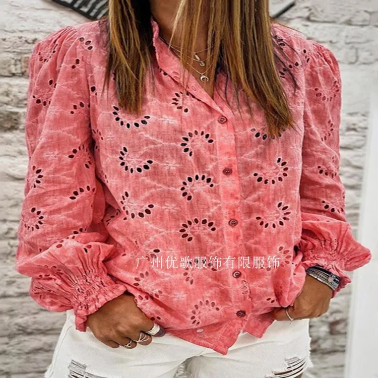 

Mandylandy Spring Stand Neck Lantern Sleeve Single-Breasted Long Sleeve T-shirt Women's Embroidered Hollow Out T-shirt Top