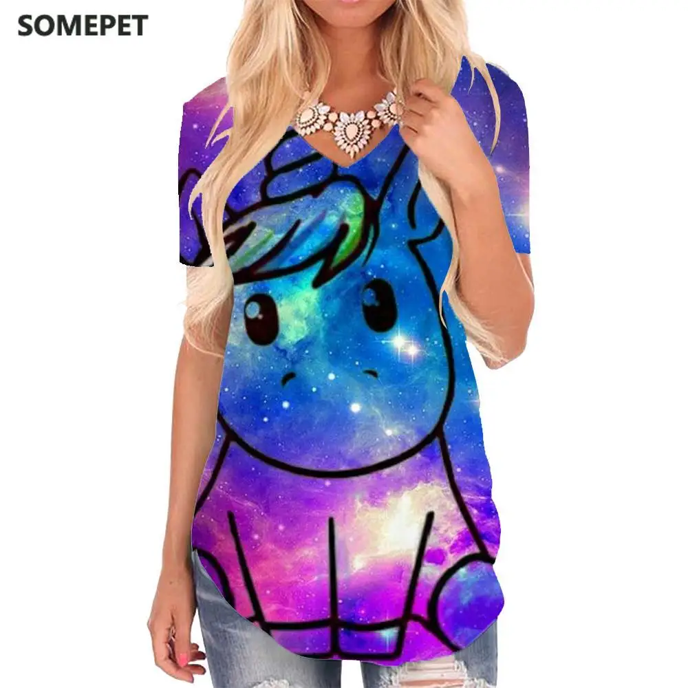 

SOMEPET Unicorn T Shirt Women Galaxy V-neck Tshirt Animal Funny T shirts Nebula Shirt Print Womens Clothing Fashion Printed
