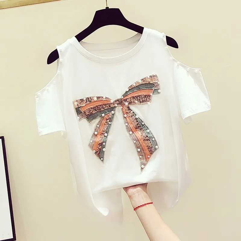 

2021 Summer Off Shoulder T Shirt Women Fashion Bow Squnined Short Sleeve Leisure Shoulderless Tops Shirts for Women