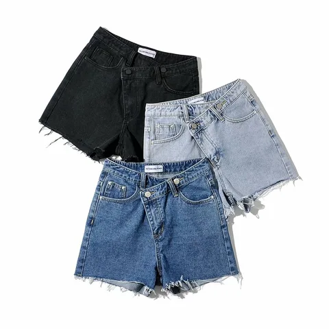 Women Denim Shorts New Casual Oblique Waist Fringe Package Hip Straight Jeans Female Sexy Sheath Solid Washed Pants Girls Summer