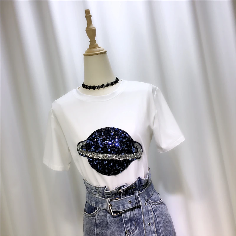 

Trend Planet Sequins Short Sleeve Female T-shirt 2020 New Summer All-match Western Bottoming Tshirts Students Casual Tops