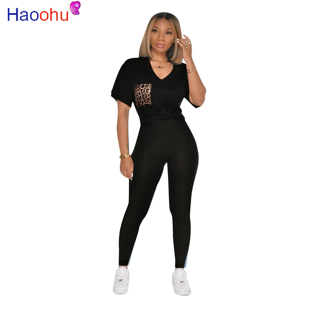 HAOOHU Женский комплект с леопардовым принтом и карманами из двух предметов