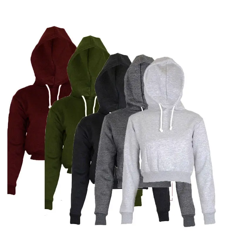 Women Stylish Plain Hangover Crop Top Hoodie Sweatshirt Sports Hooded Full Wear Multiple Colors Hot