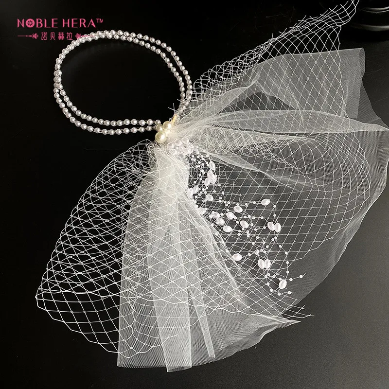 Bridal Pearl Veil Adjustable Mesh Belt Hair Accessories Wedding Headband Headdress Wholesale
